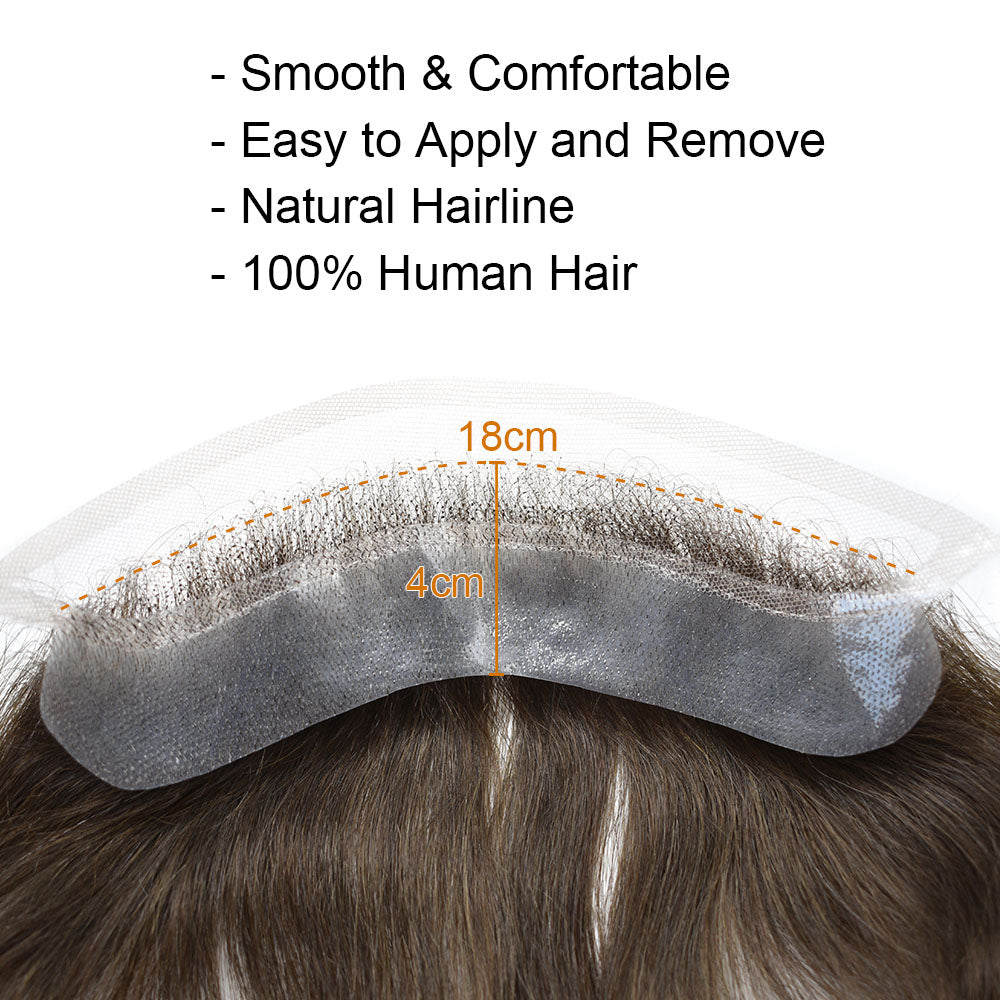 SINGA HAIR Human Hair Mens Frontal Hairpiece Forehead Hairline Toupee French Lace With PU Natural Hairline For Receding Hairline 4X18cm