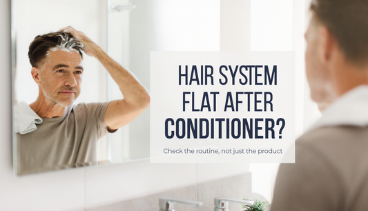 Man checking flattened hair system after conditioning at home
