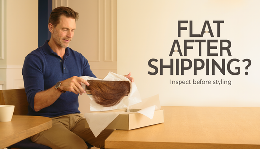 Man inspecting a newly delivered hair system and package before styling