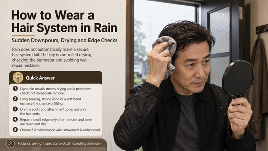 Man drying and checking a hair system after rain