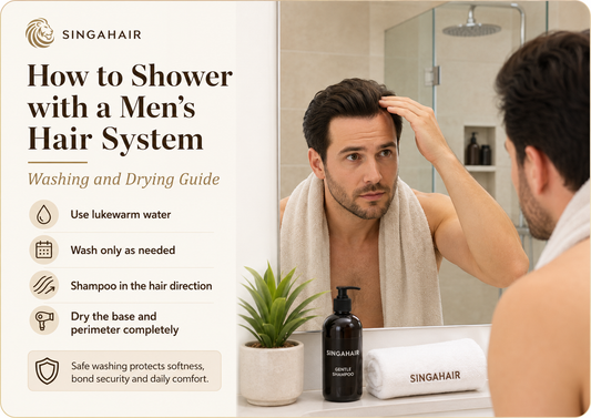 Man preparing to shower while wearing a secure men’s hair system
