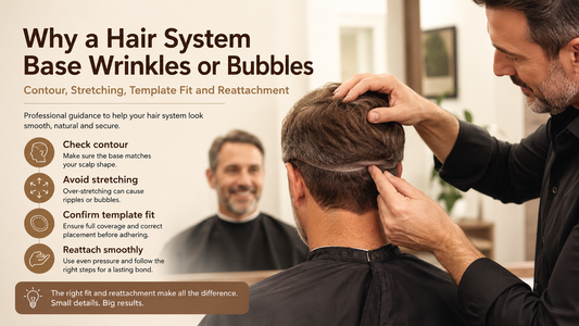 Consultant checking wrinkles and bubbles in a men's hair system base fit