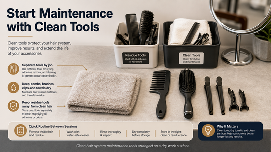 Clean hair system maintenance tools arranged on a dry work surface