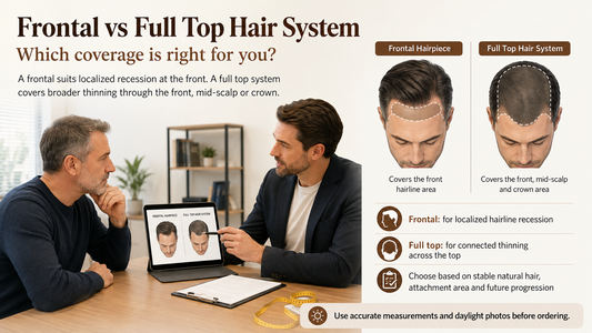 Frontal and full top hair system coverage areas compared during consultation