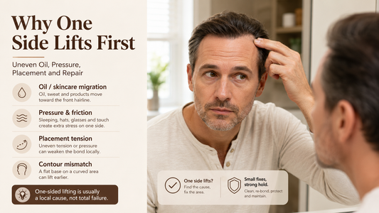 Man checking one side of a lifted hair system hairline in natural light