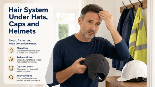 Man preparing to wear a cap and helmet with a secure hair system