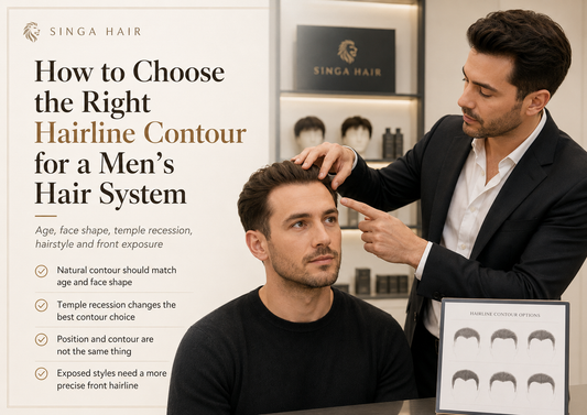 Consultant comparing natural hairline contour options for a men’s hair system