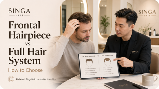 Man comparing frontal and full hair system coverage with a professional consultant
