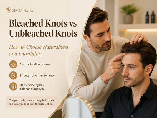 Consultant comparing bleached and unbleached knots on a men’s lace hair system