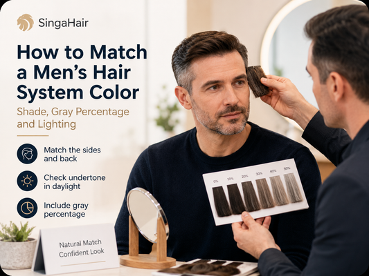Man comparing his natural side hair color with a men’s hair system in daylight