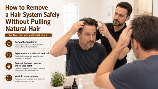 Man releasing a hair system edge slowly while protecting natural side hair