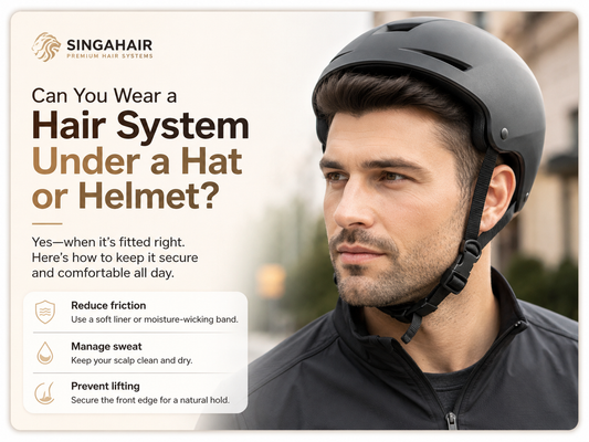 Man wearing a correctly fitted helmet over a secure men’s hair system