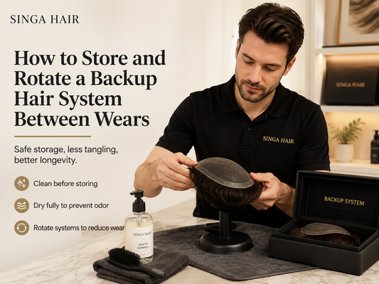 Man preparing a clean backup hair system for safe storage between wears