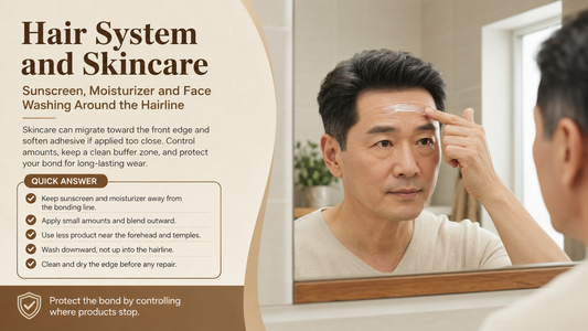 Man applying sunscreen safely below a hair system hairline
