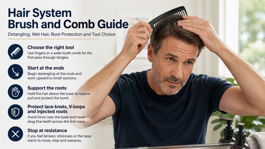 Man gently detangling a hair system with a wide-tooth comb