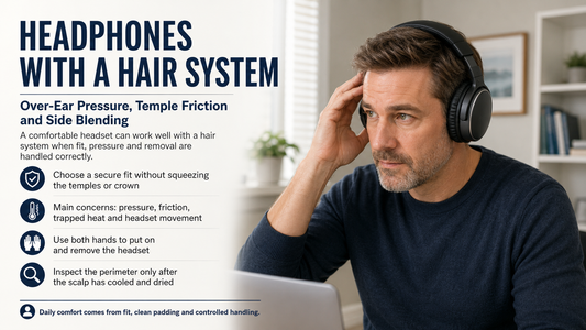 Man checking over-ear headphone fit with a hair system