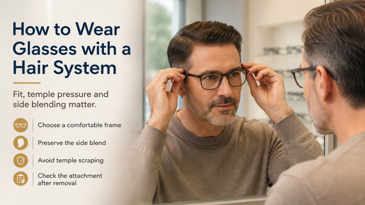 Man checking eyeglass frame fit beside a natural hair system temple blend