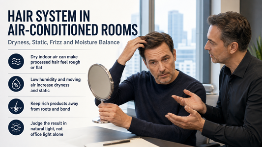 Man checking hair system dryness and static in an air-conditioned office