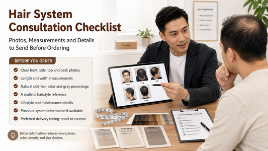 Hair system consultation with photos measurements color swatches and base samples