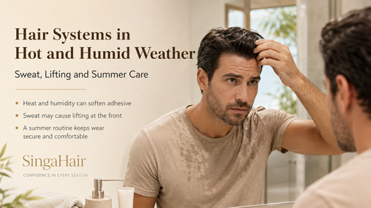 Man checking his hair system and front hairline in hot and humid weather