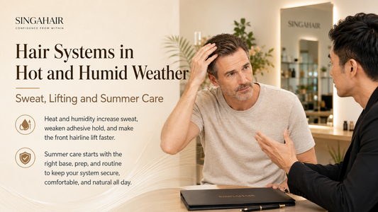 Man checking his hair system and front hairline in hot and humid weather
