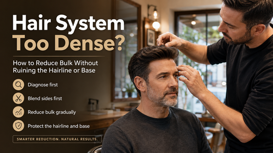 Barber evaluating an overly dense men's hair system before reducing bulk