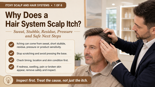 Man and consultant checking an itchy scalp area around a hair system