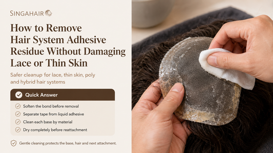 Hair system adhesive residue removal tools beside lace and thin skin bases