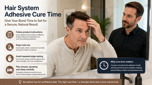 Man reviewing hair system adhesive cure time after reattachment