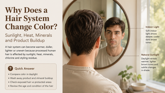 Dark brown men's hair system compared under indoor and natural sunlight