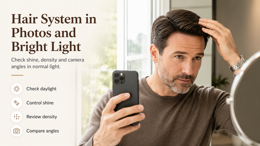 Man checking a hair system in photos and bright natural light