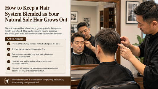 Barber checking hair system blend as natural side hair grows