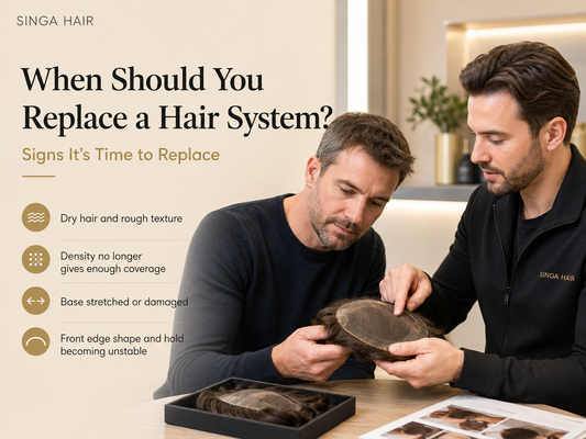 Man and consultant checking whether an older hair system needs replacement