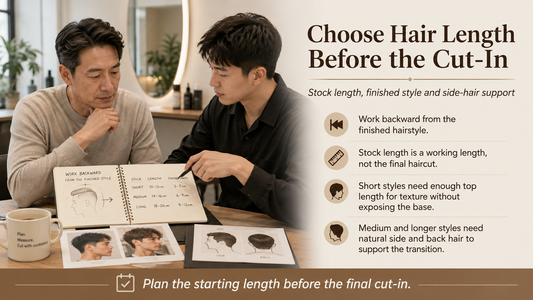 Man and barber planning hair system length before the final cut-in
