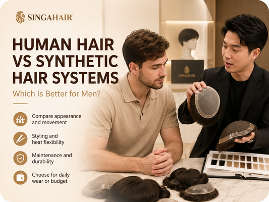 Man comparing human hair and synthetic men’s hair systems with a consultant