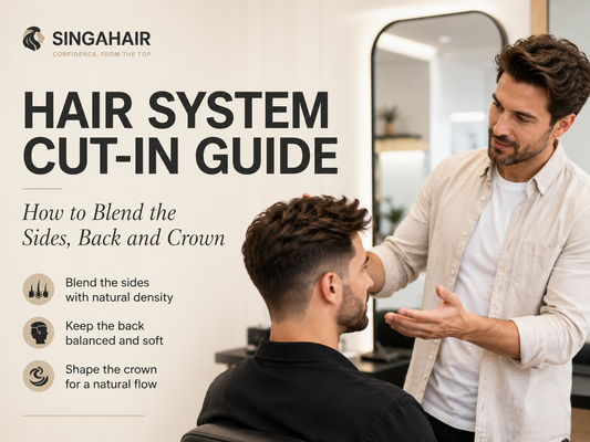 Barber blending a men’s hair system with the natural sides and back