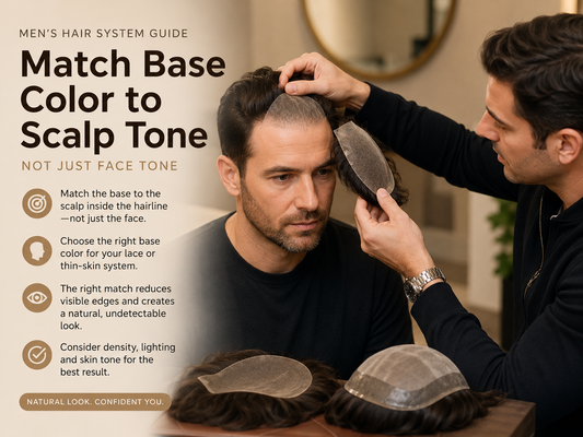 Consultant comparing lace and thin-skin hair system base colors with a client’s scalp tone