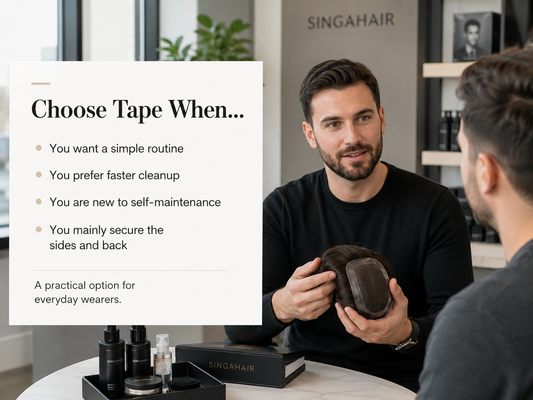 Man comparing hair system tape and liquid adhesive with a professional consultant
