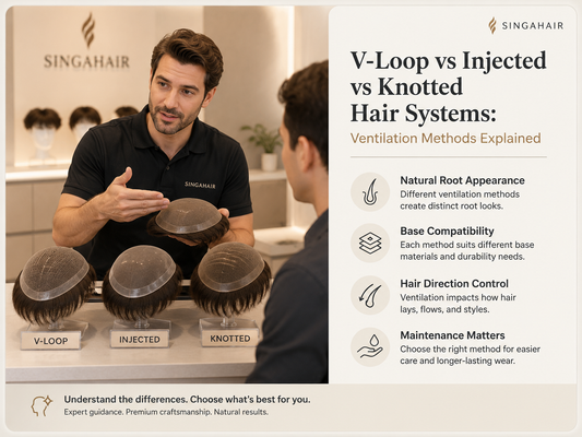 Consultant comparing V-loop injected and knotted men’s hair systems