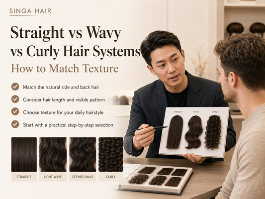 Consultant comparing straight wavy and curly men’s hair systems