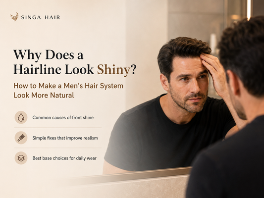 Man checking hair system hairline shine in natural daylight