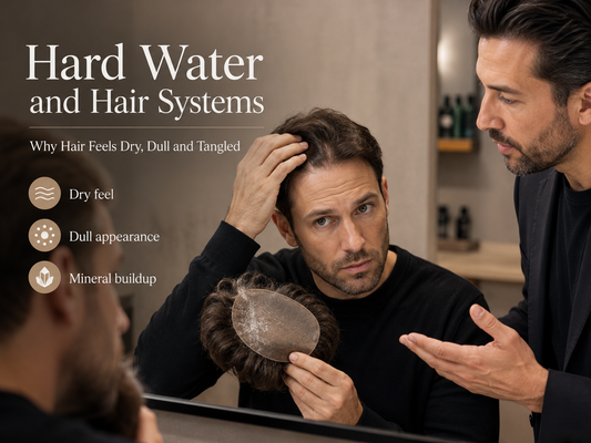 Man examining a dry dull hair system while a consultant explains hard-water mineral buildup