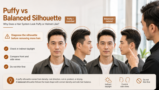 Man and barber comparing a puffy hair system silhouette in daylight