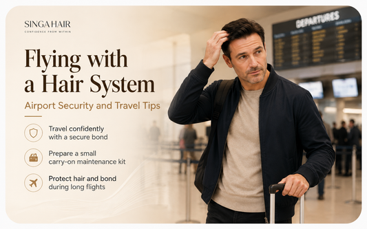 Man traveling through an airport while wearing a natural-looking hair system