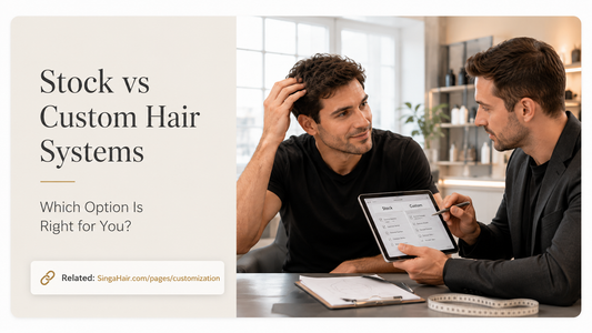 Man discussing stock and custom hair system specifications with a stylist