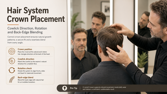 Man checking hair system crown placement and back-edge direction