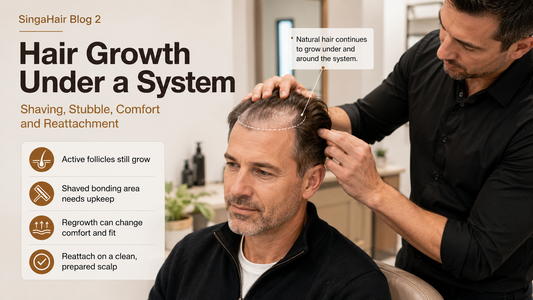 Hair growth under a hair system reviewed before reattachment