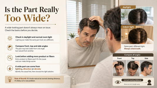 Man comparing a wide-looking hair system part line in daylight and indoor light