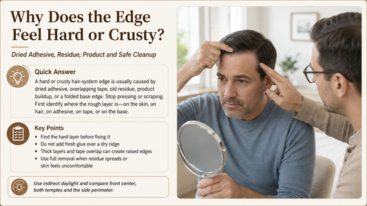 Man checking a hard hair system edge in bright indirect light