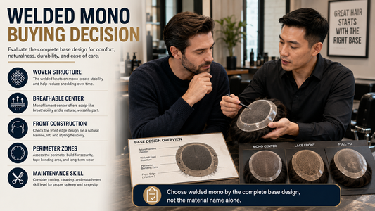 Man and consultant reviewing welded mono hair system construction